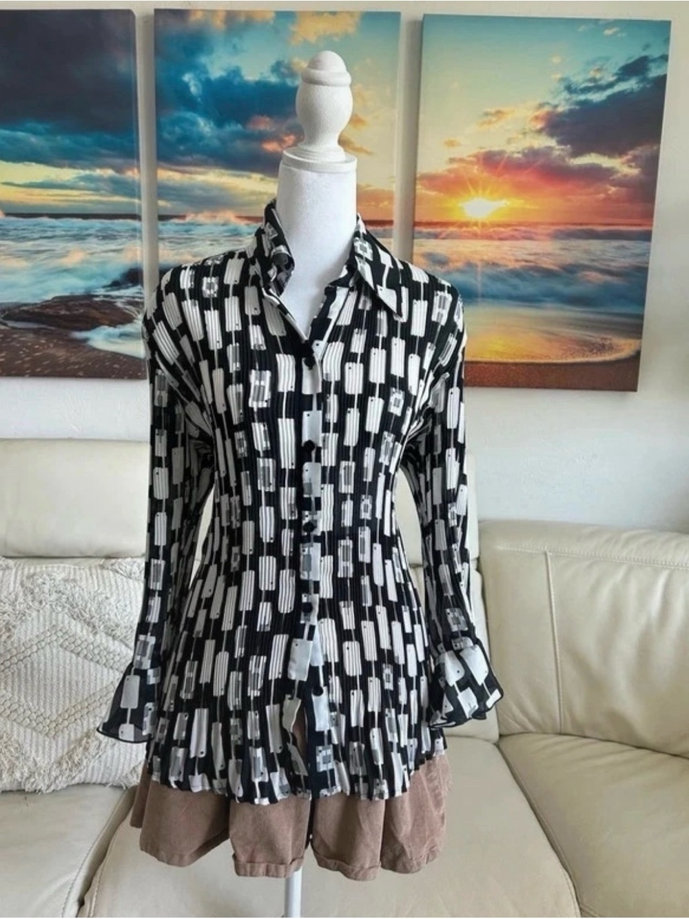 Essentials by Milano Black and White Geometric Button-Down Shirt